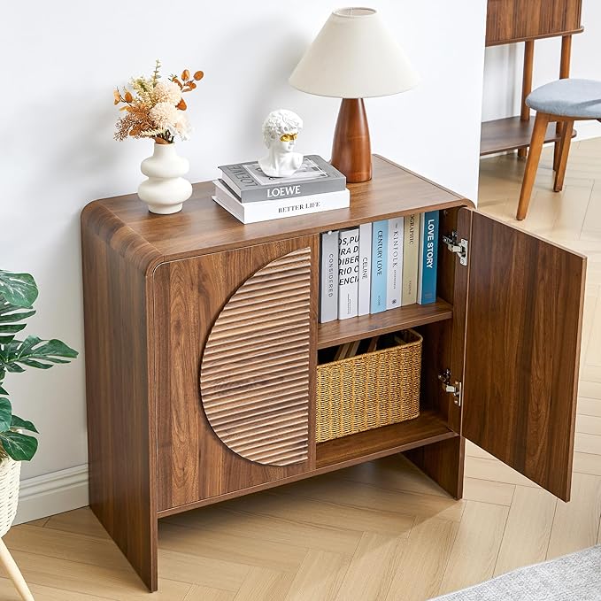 Turtle&Myrtle Fluted Sideboard Buffet Cabinet, Curved Storage Cabinet with 2 Doors and Adjustable Shelves, 31" Wide Mid Century Modern Accent Cabinets, Wood Credenza for Living Room, Kitchen, Brown