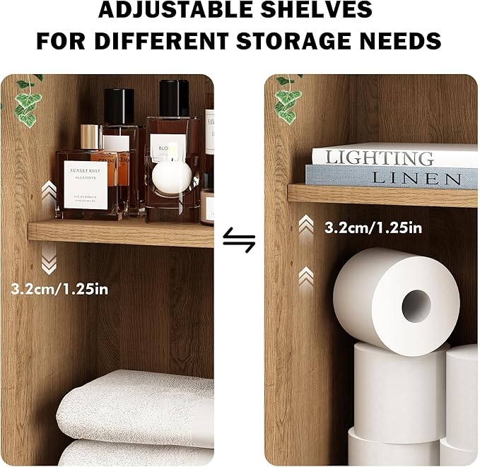 RUSTOWN Boho Rattan Wall Cabinet, Midcentury Bathroom Cabinet with Sliding Door, Adjustable Shelves, Over The Toilet Storage Cabinet (Rustic Oak)