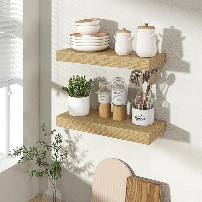 16 Inch Floating Shelves for Wall 2 Pack, 16" Wall Shelves for Books, Storage, Decor, Wall Mounted Floating Shelf with Invisible Brackets for Kitchen, Living Room, Oak