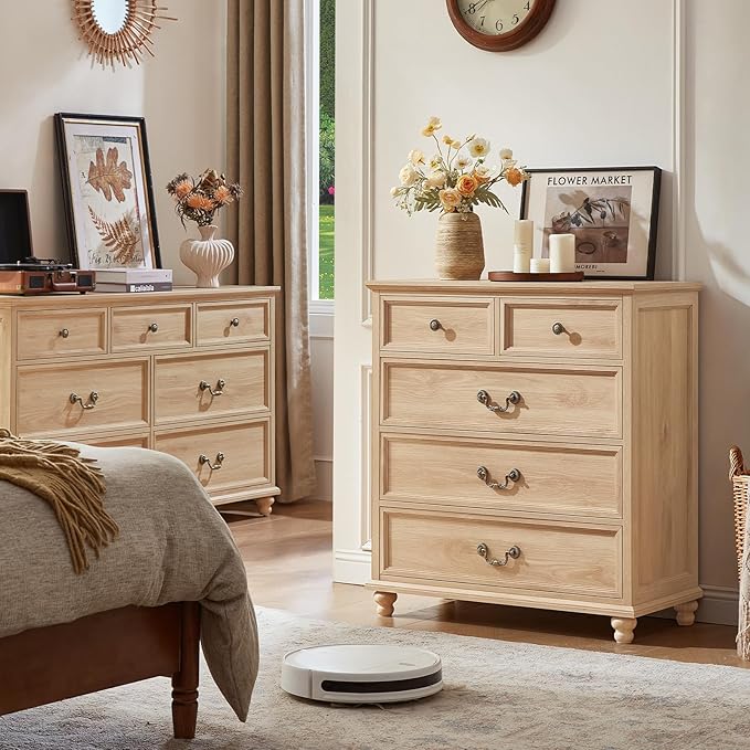 Farmhouse 5 Drawer Dresser for Bedroom, 35" Tall Rustic Chests of Drawers w/ 4 Solid Wood Feet, Mid Century Modern Wooden Closet Storage Dressers Organizer for Living Room, Hallway,Natural