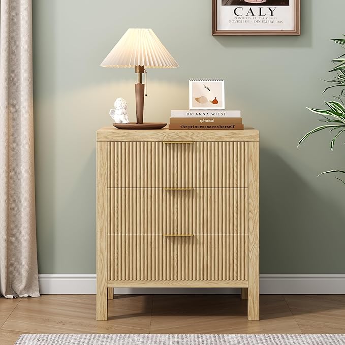 Nightstand with 6 Drawers, Dresser and Nightstand Sets, Bedside Tables, Mid Century Nightstands with 6 Wide Drawers for Bedroom, Kids’ Room, Hallway, (Natural X 2pcs)