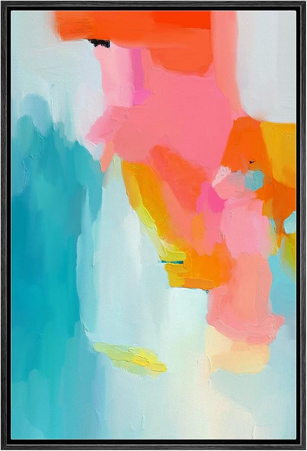 MUDECOR Framed Canvas Print Wall Art Neon Pink Blue Pastel Watercolors Abstract Shape Illustrations Modern Art Decorative Bohemian Colorful Chic for Living Room, Bedroom, Office - 24"x36" Black