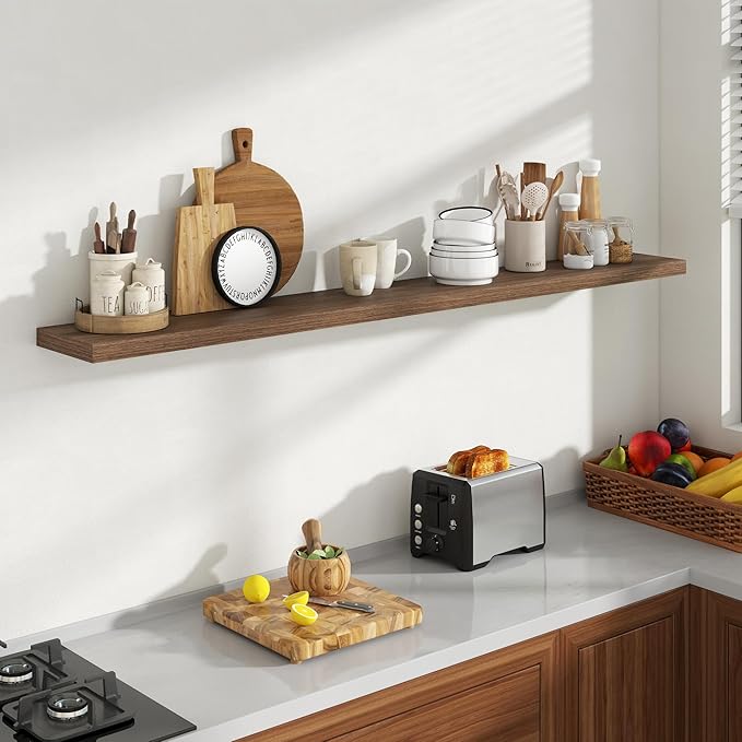 72 Inch Floating Shelves, 8 Inch Deep Floating Shelves for Wall, Hanging Shelf with Invisible Brackets, Deep Shelves for Bathroom, Bedroom, Living Room, Walnut, Set of 1