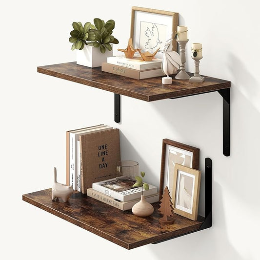 Floating Shelves for Wall, 12 Inch Deep Floating Shelves Set of 2, Wall Mounted Shelf with Metal Brackets, Rustic Wood Shelf for Bathroom, Kitchen and Living Room, Rustic Brown, 24W x 12D