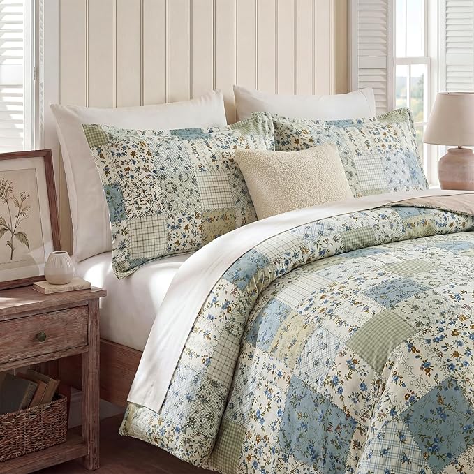 Blue Floral Duvet Cover Set Twin Size 100% Cotton Botanical Patchwork Vintage Bedding Quilt Cover All Season 2 Pieces Soft Lightweight Comforter Cover