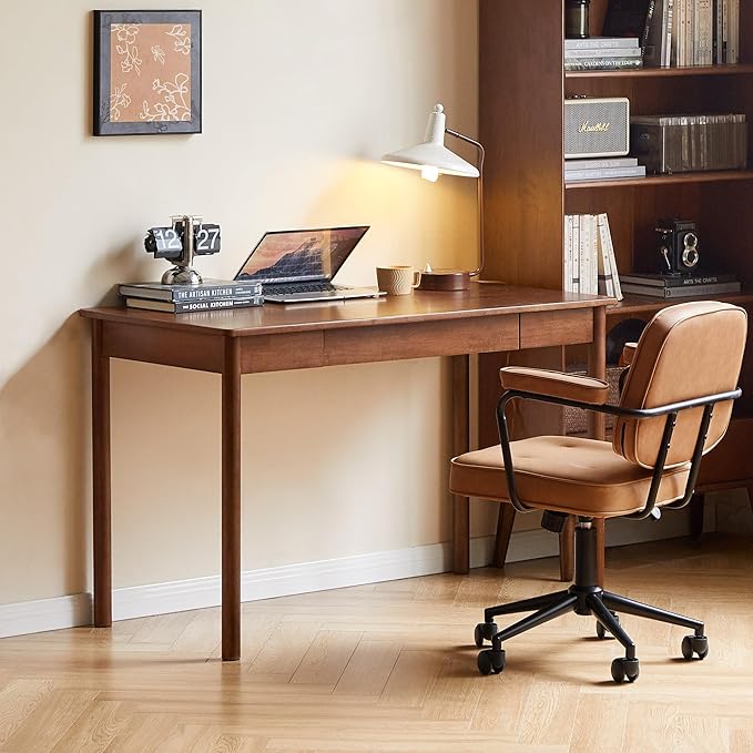 YESWOOD 100% Solid Wood Desk, Mid Century Modern Computer Desk, Home Office Writing Desk with Drawers for Study Living Room 47.24" W
