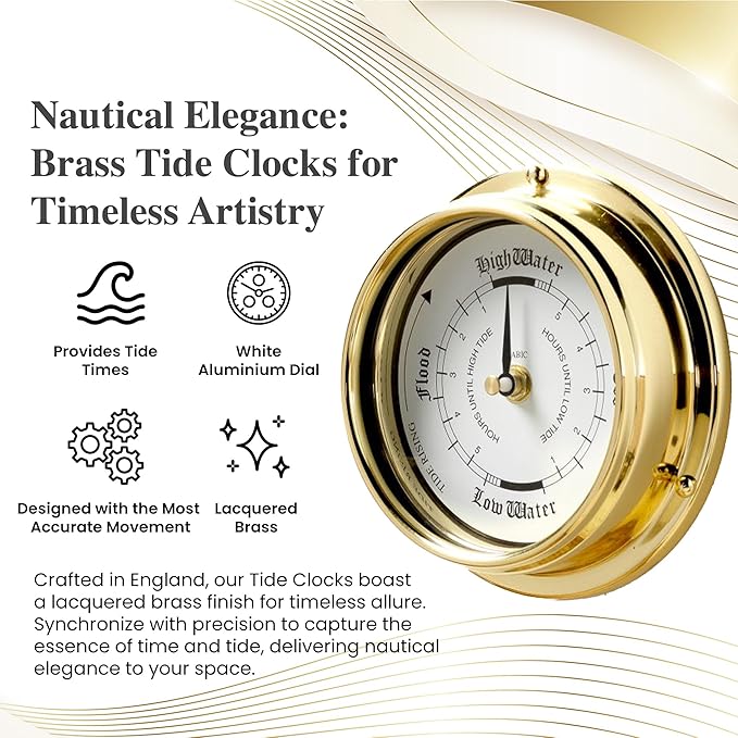 Tide Clock Traditional TideClock Heavy Lacquered Brass (1/2kg) Classic Nautical Clock Gift Tidal Fishing Coastal Clock Handmade in England.