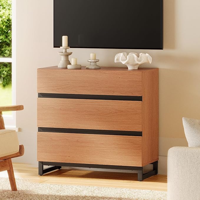 WAMPAT Dresser for Bedroom, Closet Organizers and Storage with 3 Drawers, Chest of Drawers with Metal Base, Modern Wood Dresser for Living Room, Hallway, Entryway, Mocha