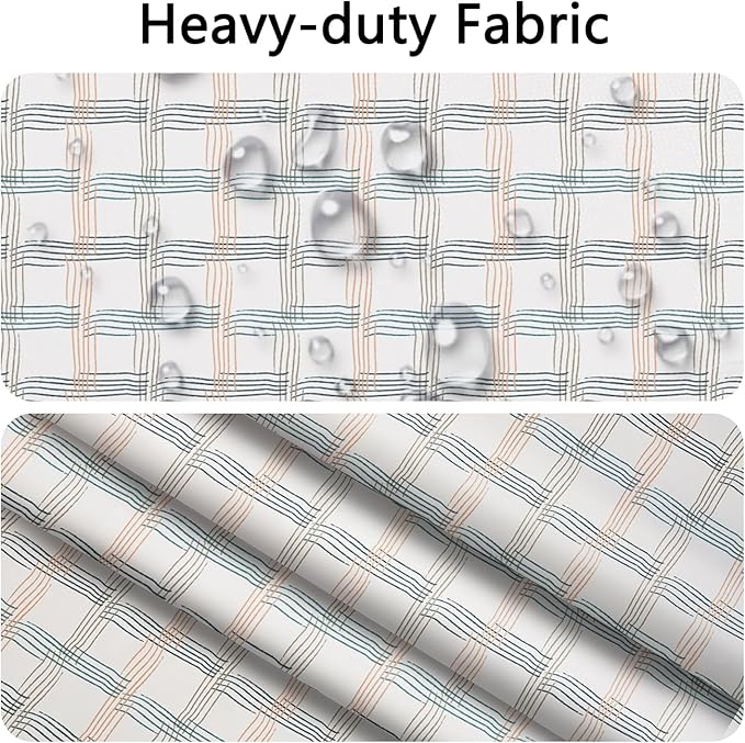 No Hook Shower Curtain with Snap in Fabric Liner - Beige & Teal Grid Pattern, Waterproof Shower Curtains and Liner Set for Modern Bathroom, See Through Top Window, 71x74 Inches