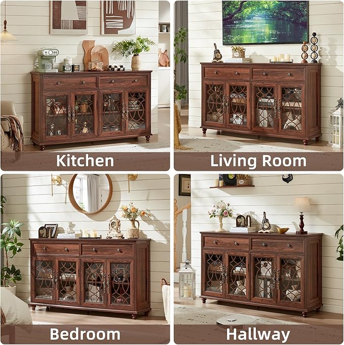 Farmhouse Sideboard Buffet Cabinet with Storage,59" Large Credenza with 4 Glass Doors & 2 Drawers,Adjustable Shelves Console Table,Wood Kitchen Coffee Bar for Dining Room,Living Room,Brown