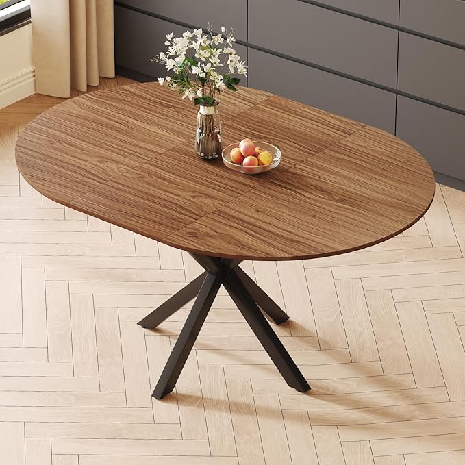 43"-59" Extendable Round Dining Table for 4-6,Mid Century Modern Walnut Wood Grain Table,Expandable Kitchen Table for Small Spaces