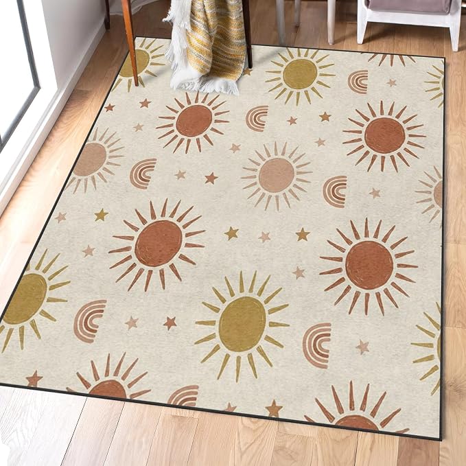 Area Rugs 3'x5' Washable Rug, Boho Sun Rainbow Stain Resistant Non Slip Backing Terracotta Earthy Carpet for Living Room Bedroom Dining Room
