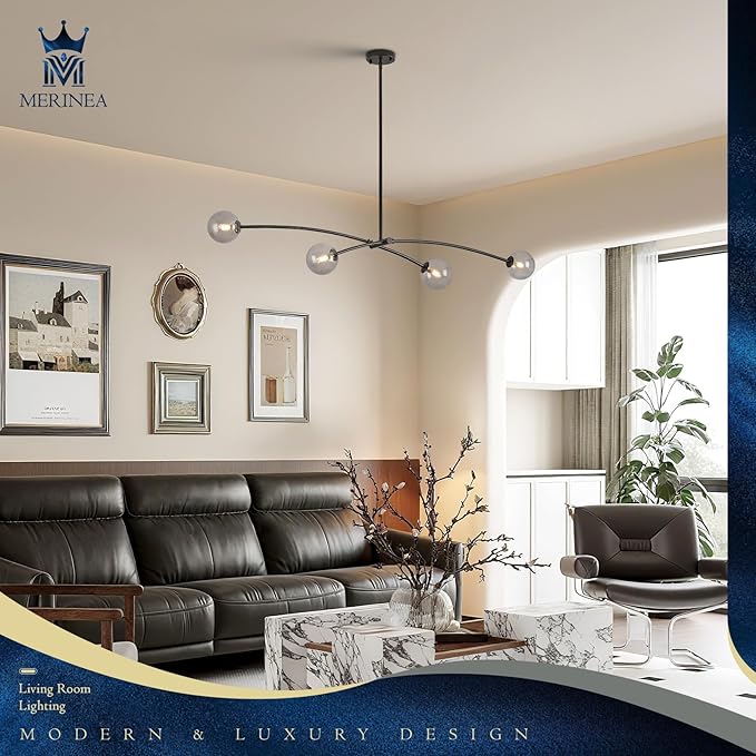 L51” Black Sputnik Chandelier Modern 4 Lights Dining Room Light Fixture Mid Century Smoke Glass Globe Ceiling Pendant Lighting Contemporary for Kitchen Island Bar Bedroom Home Office