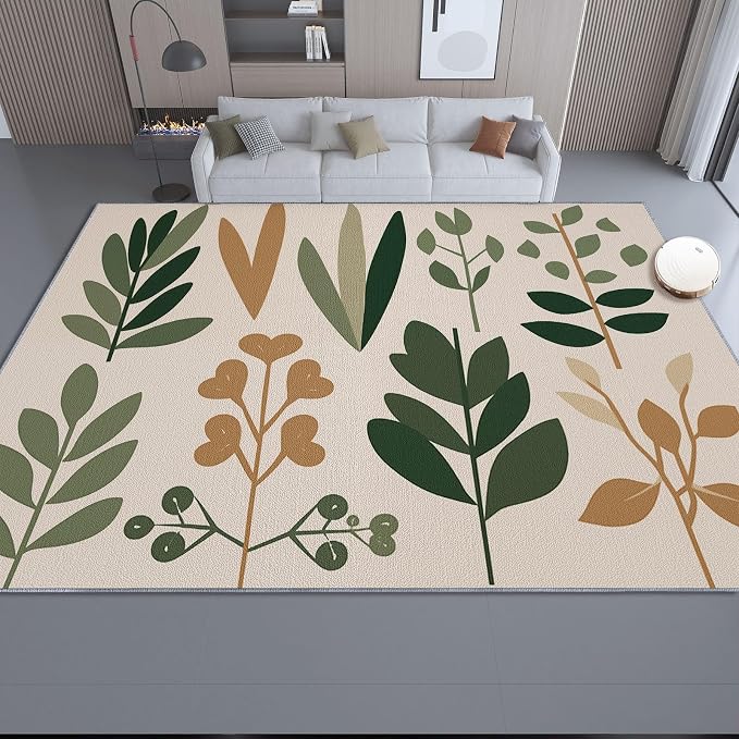 Area Rugs for Living Room, 4x5 Washable Rug Green Soft Low Pile Non-Slip Carpet Stain Resistant Carpets for Bedroom Dining Room Farmhouse Nursery, Retro Leaves Bohemian Plants