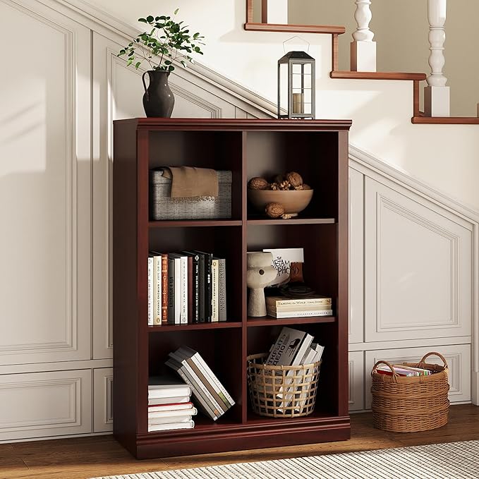 Bevfint Vertical 6-Cube Bookshelf - 3-Tier 6 Cube Storage Organizer, Open Bookcase and Book Shelves, 30 inch Width Wooden Book Case for Home Library Office, Mahogany