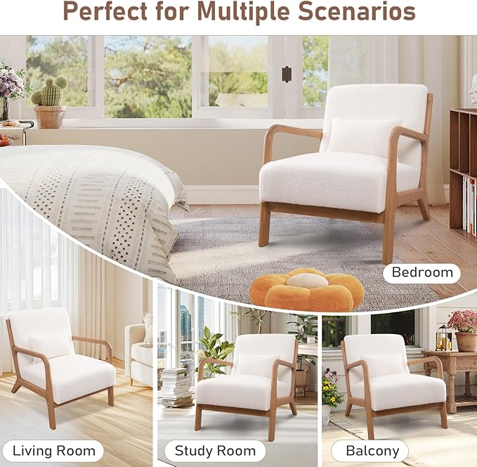 ANJ Mid Century Modern Accent Chair, Single Fabric Lounge Reading Armchair with Solid Wood Frame, Easy Assembly Arm Chairs for Living Room, White