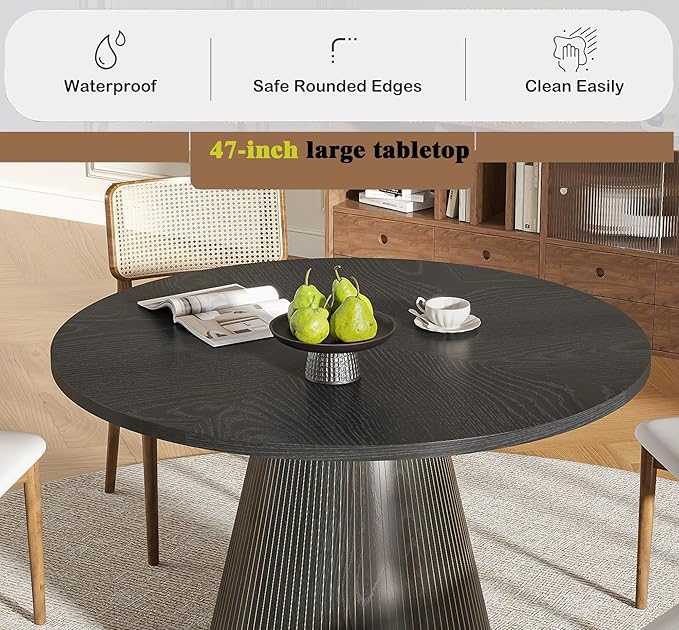 Round Dining Table for 4, Farmhouse Fluted Dining Kitchen Table, 47 Inch Modern Wood Small Circle Dining Table for Kitchen Living Room (Black, 47inch)