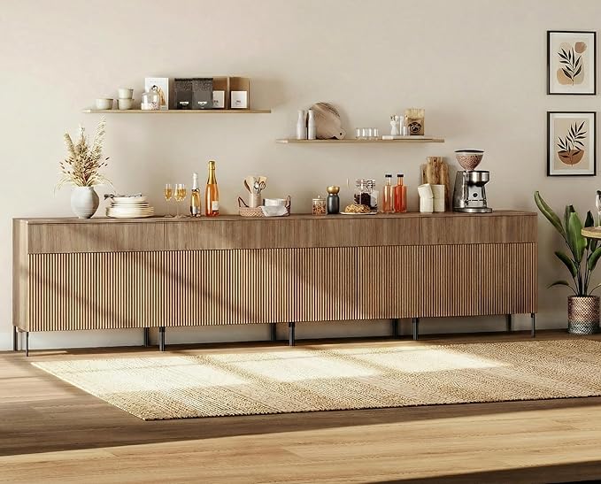 WAMPAT 126" W Large Sideboard Buffet Cabinet with Storage,4 in 1 Fluted Sideboard Buffet with 8 Doors, Wooden Buffet Table, Coffee Bar Wine Bar Cabinet for Dining Room, Living Room, Light Walnut