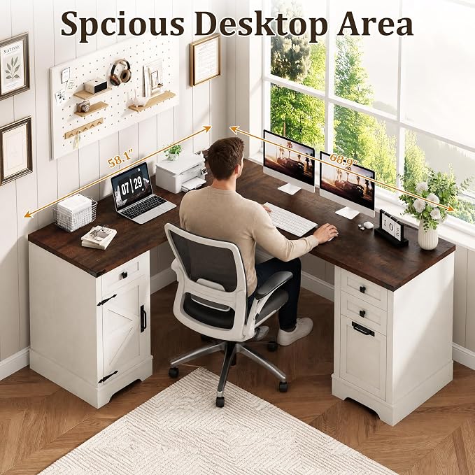 Squireewo 68.9'' Farmhouse L Shaped Desk with Drawers, Wood Executive Home Office Desk with Charging Station, File Drawers and Storage Cabinet, Computer Corner Desk for Work, Study and Writing, White