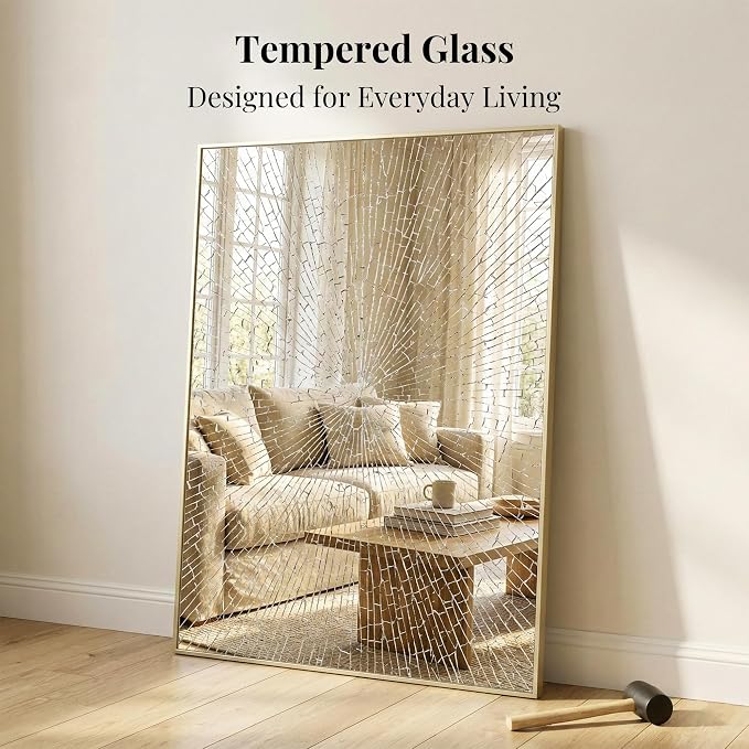 48"x36" Gold Landscape Bathroom Mirror for 48-60 inch Vanity, Shatterproof Tempered Glass, Narrow Metal Frame, Ultra-Flush Mount