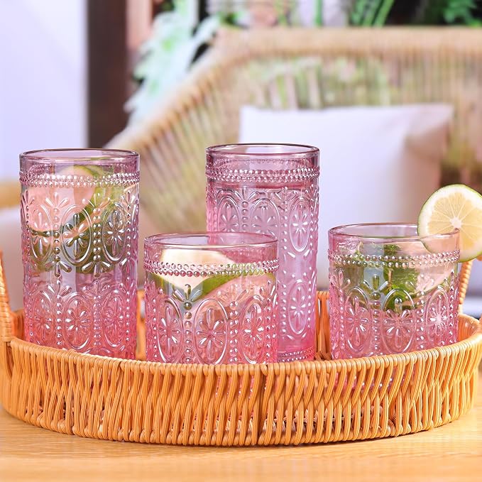 Darlion 6 Pack Pink Glassware Drinking, 12oz Highball Embossed Beverage Glass Cup, Vintage Drinking Glasses, Colored Water Glasses for Party Wedding Home Office and Gift