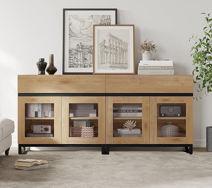WAMPAT 63'' Multifunctional Sideboard Buffet Cabinets with 4 Glass Doors and and 2 Drawers, Modern Sideboard Credenza, Coffee Bar Storage Cabinet for Living Room, Kitchen, Oak