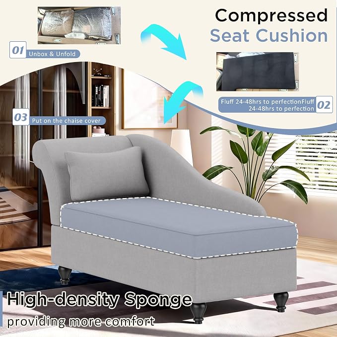 Chaise Lounge Chair Indoor with Storage, Upholstered Chaise Lounge with Left Armrest Recliner Sofa Chair for Living Room Bedroom Office Gray Chenille