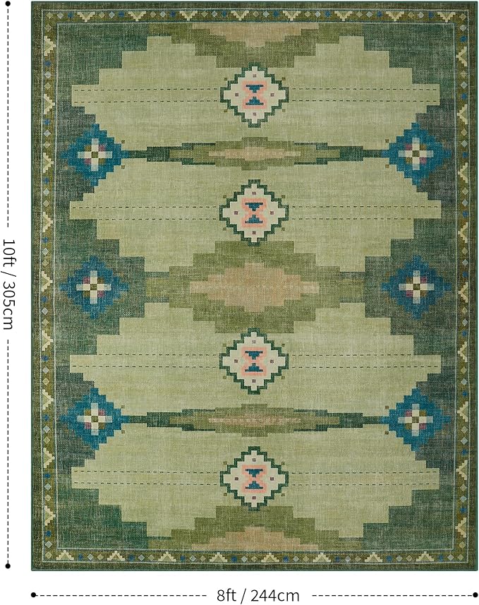 YIHOUSE Mid Century Modern Rugs for Living Room, 8x10 Green Rug No-Slip Southwestern Large Area Rug Washable Rugs for Bedroom, Dining Room