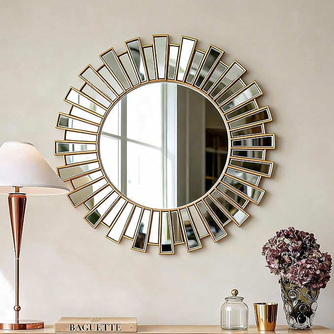 SHYFOY 23.6" Gold Sunburst Wall Mirror, Round Beveled Decorative Mirror with Layered Metal Frame, Glam Luxury Accent Wall Mirror for Living Room, Entryway & Bedroom