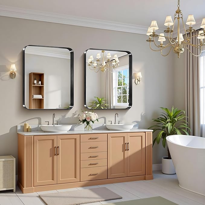CIRCUMI Black Bathroom Mirror, 30"x36" Rectangular Mirror with Deep Metal Frame, Rounded Corner, Tempered Glass, Mirror for Wall, Oversink, Bedroom, Installed Vertically/Horizontally, Crystal-Clear