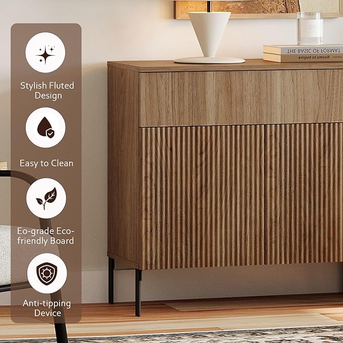 WAMPAT 94.5" Buffet Sideboard Cabinet with 1 Drawer & 6 Doors, 3-in-1 Fluted Sideboard with Adjustable Shelves, Modern Buffet Table Coffee Bar Wine Bar Cabinet for Dining Room, Living Room, Walnut