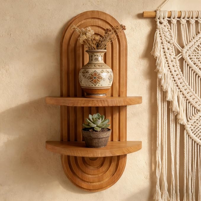 Vintage Arch Plants Wall Shelf Boho Wall Decor 2-Tier Wood Floating Shelves, 16.7"X 9" Modern Wall Mounted Display Shelves, for Home, Living Room, Bedroom, Office Decor (Brown-1pcs)