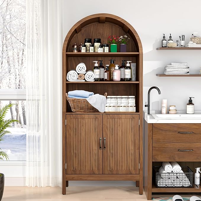 70.9" Tall Storage Cabinet with Fluted Doors, Arched Freestanding Cabinet with 5 Shelves, Wooden Bookcase Storage Cabinet Suitable for Living Room, Dining Room, Bathroom