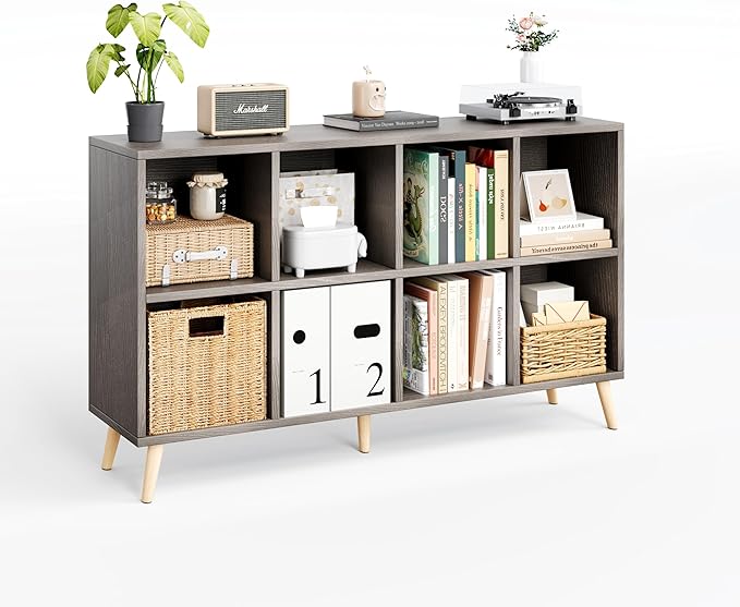 Flrrtenv 8-Cube Bookshelf 2 Tier Retro Bookcase with Legs, 11in Shelf Opening, 47" Wood Bookshelves Storage Organizer Shelf, Freestanding Open Book Shelves for Bedroom Living Room Office,Grey Oak