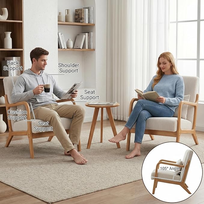 Mid Century Modern Accent Chairs Set of 2, Upholstered Corduroy Armchairs with Lumbar Pillows, Solid Rubberwood Frame for Living Room, Bedroom, Waiting Room, Beige