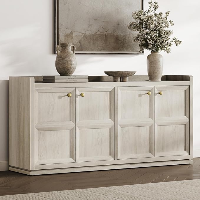 SICOTAS 61.7" Wide 4-Door Buffet Cabinet, Extra Long Sideboard with 2 Separate Bays & Adjustable Shelves, Modern Credenza Storage Cabinet with Gold Handle for Kitchen Living Room, Grey White Oak,1 PCS