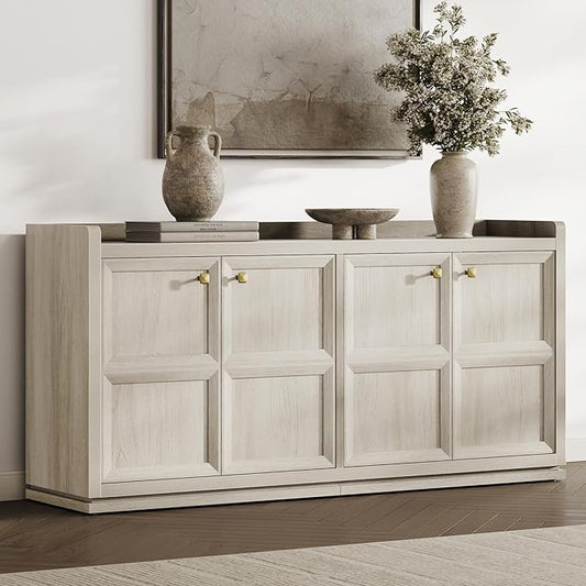 SICOTAS 61.7" Wide 4-Door Buffet Cabinet, Extra Long Sideboard with 2 Separate Bays & Adjustable Shelves, Modern Credenza Storage Cabinet with Gold Handle for Kitchen Living Room, Grey White Oak,1 PCS