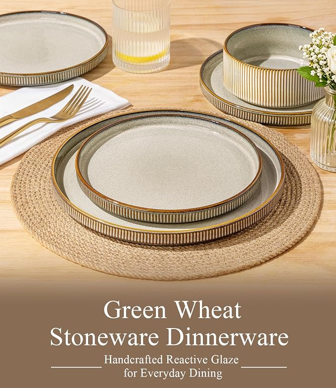 GBHOME 18-Piece Stoneware Dinnerware Set for 6 – Ribbed Ceramic Plates and Bowls, Scratch-Resistant, Microwave & Dishwasher Safe, Reactive Glaze, Reactive Glaze Green Wheat
