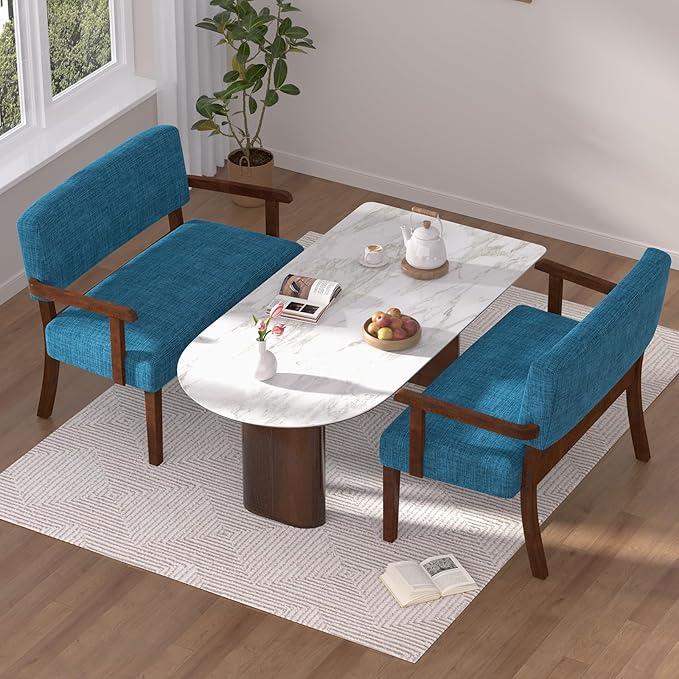 Accent Chair 2 Seat, Upholstered Reading Leisure Chair, Bench with Solid Wood Frame for Dining, Reading,Waiting Rooms (Blue)