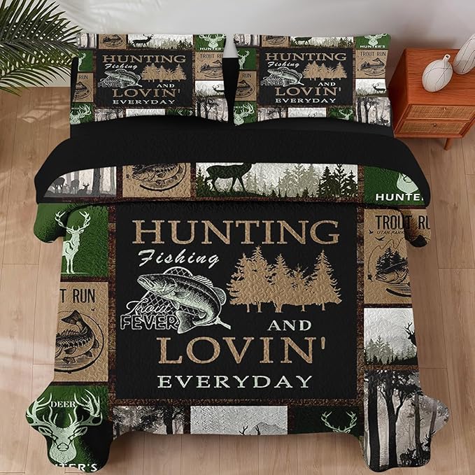 Pamnest Quilt Set Full/Queen Size, Cabin Deer Animal Tree 3 Pcs Soft Bed Cover Bedding Set for Kids and Adults, Rustic Mountains Gray Lightweight Bedspread Coverlet with Pillow Sham for All Season