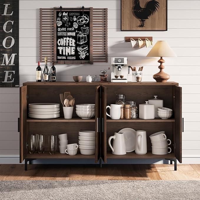 JASIWAY Buffet Cabinet with Storage, 48" Rattan Sideboard with Adjustable Shelves, Modern Coffee Bar Cabinet Console Table with Doors, Credenza for Kitchen, Living Room, Entryway, Dining Room, Walnut