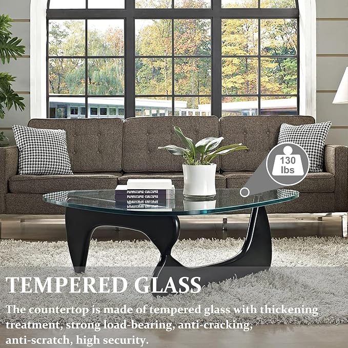 Modern Glass Coffee Table, 44.9"×32.3"×15.8" Triangle Center Table with Tempered Glass Top & Solid Legs, for Office Small Space Living Room