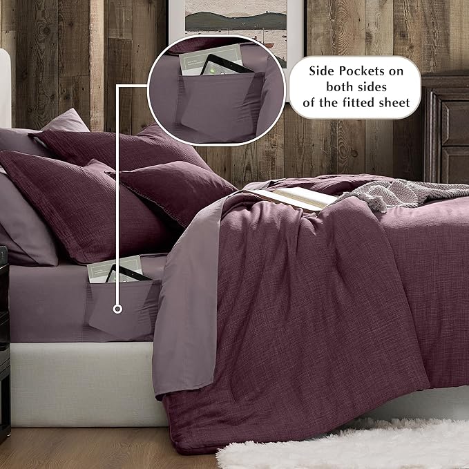 Geniospin Purple King Comforter Set - 7 Pieces Egglant Comforter King Size, Soft Solid Bedding Set for All Season, Textured Bed in a Bag with Sheets