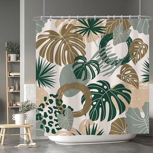 Baocicoo Bohemian Monstera Leaves Boho Floral Shower Curtain Decorative for Bathroom Cubicle Bathtub Waterproof Fabric Vacation Style with Hooks 72x72 Inches