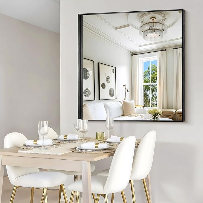 CIRCUMI Black Bathroom Mirror, 42"x42" Rectangular Mirror with Deep Metal Frame, Brushed Finish, Tempered Glass, Mirror for Wall, Oversink, Bedroom, Installed Vertically/Horizontally, Crystal-Clear