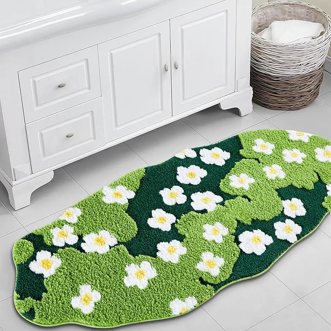 Cute Green Floral Bathroom Runner Rugs Extra Long Bath Mat 24''W x 52''L Non Slip Washable, Modern Chic Boho Aesthetic Trendy Funky Grass Throw Runner Rugs for Kitchen Bedroom Entryway