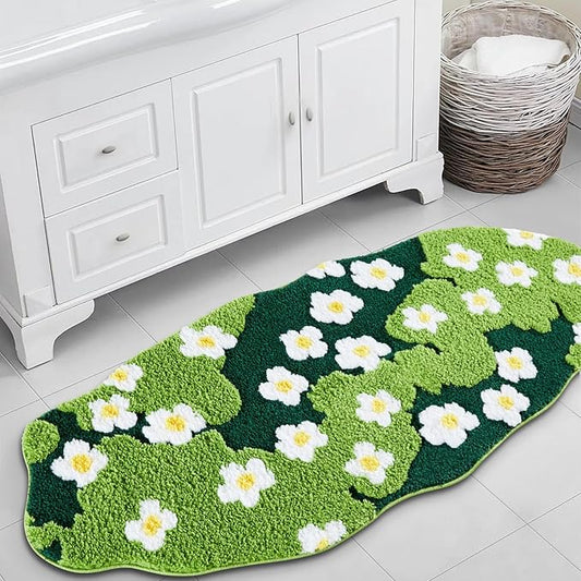 Cute Green Floral Bathroom Runner Rugs Extra Long Bath Mat 24''W x 52''L Non Slip Washable, Modern Chic Boho Aesthetic Trendy Funky Grass Throw Runner Rugs for Kitchen Bedroom Entryway