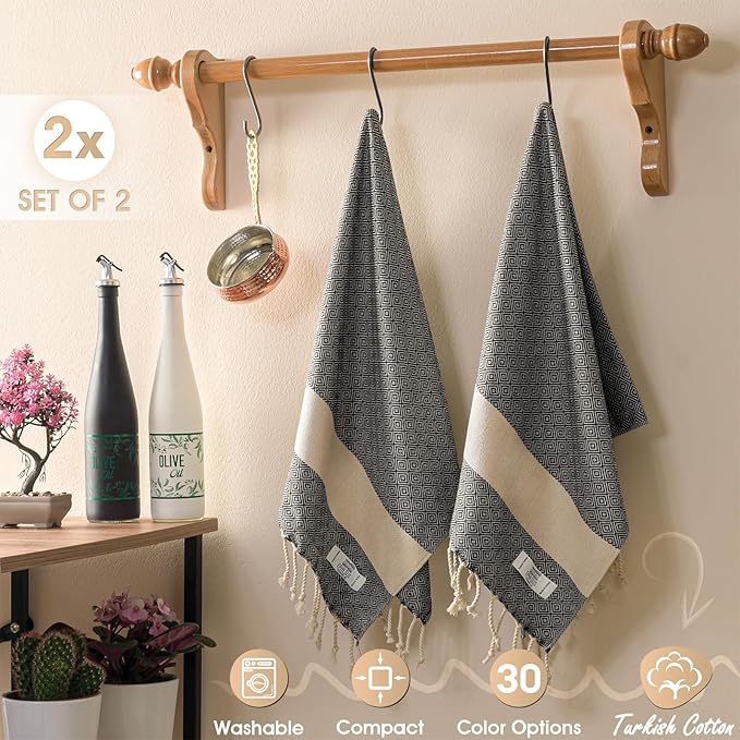 Hand Towels - Set of 2 | 18" x 30" - Decorative Turkish Hand Towel for Bathroom, Kitchen, Guest, Face, Hair, Tea, Dishcloth (Diamond, Black)