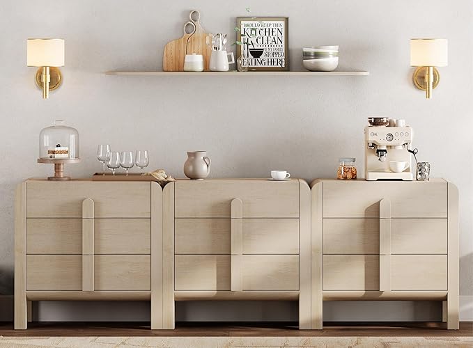 WAMPAT Large Sideboard Buffet Cabinet with Storage with 9 Drawers,Modern French 94.5" W Buffet Cabinet with Storage,Wood Coffee Bar Cabinets with Curved Edge Design for Kitchen Living Room,Light Oak