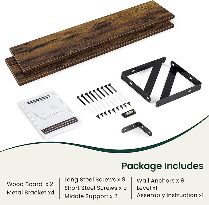 Floating Shelves, 8 Inch Deep Rustic Wood Wall Storage, 36W x 8D Wall Shelves Set of 2, Heavy Duty Metal Brackets, Industrial Book Shelf for Living Room, Kitchen, Bathroom, Bedroom, Brown
